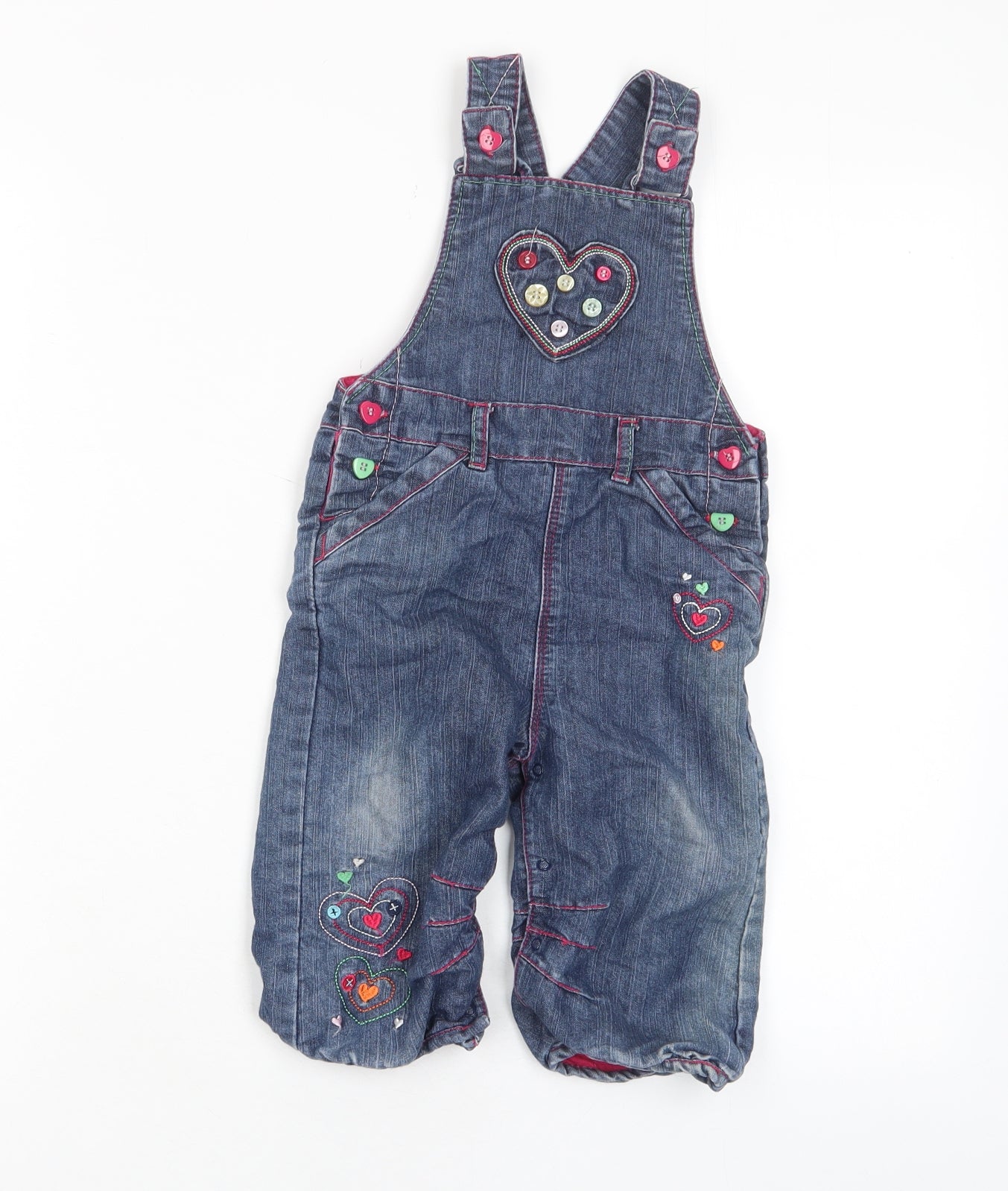 Ti Girls Blue Cotton Dungaree One-Piece Size 12-18 Months Button - Buttons, Heart, Embroided