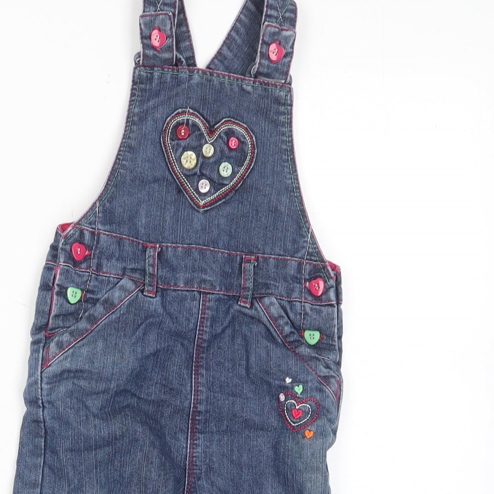 Ti Girls Blue Cotton Dungaree One-Piece Size 12-18 Months Button - Buttons, Heart, Embroided
