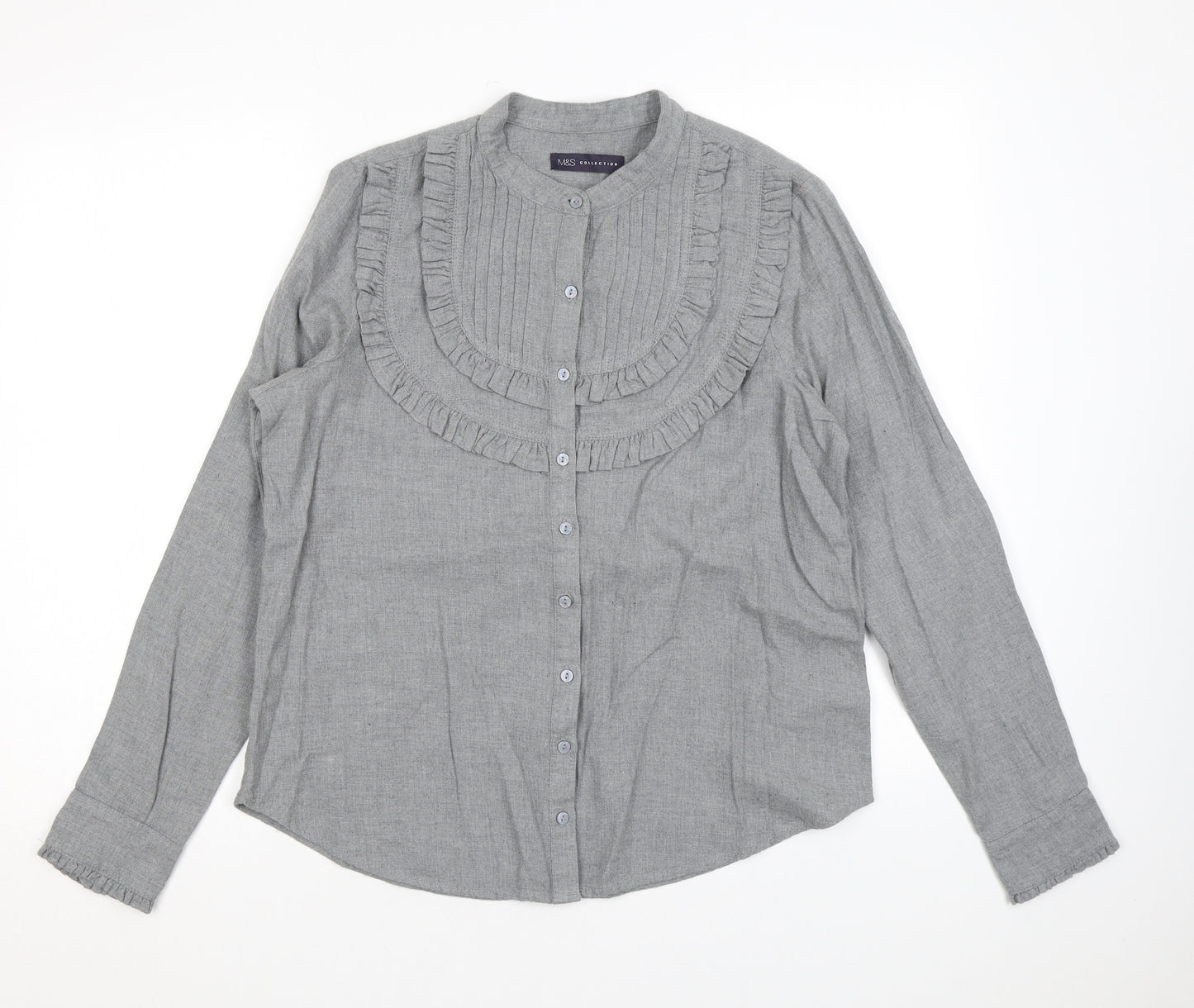 Marks and Spencer Womens Grey Cotton Basic Button-Up Size 12 Round Neck - Ruffles