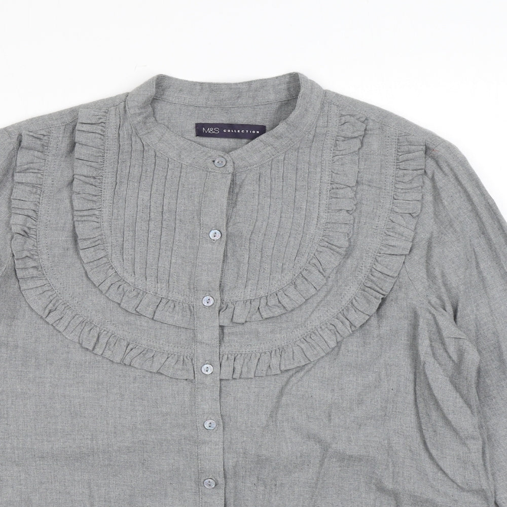 Marks and Spencer Womens Grey Cotton Basic Button-Up Size 12 Round Neck - Ruffles