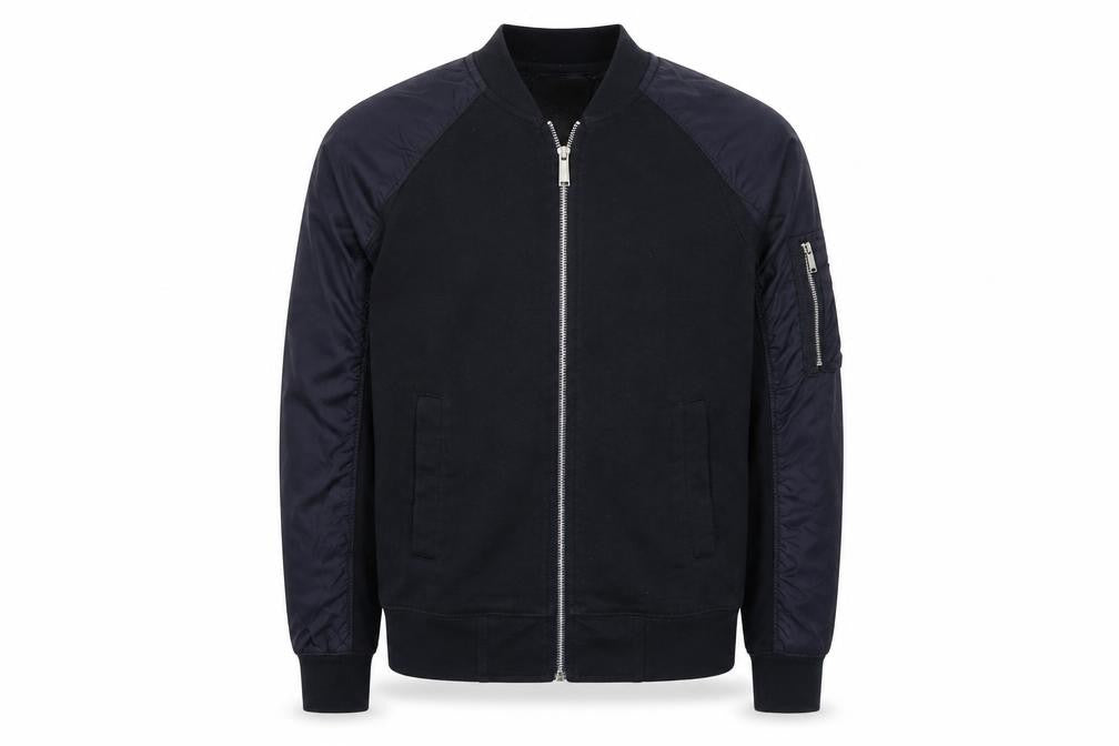 Front view of Zara men’s black bomber jacket jacket, size S, zip