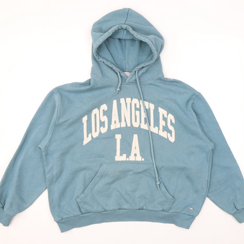 Pull&Bear Mens Blue Polyester Pullover Hoodie Size M - Logo