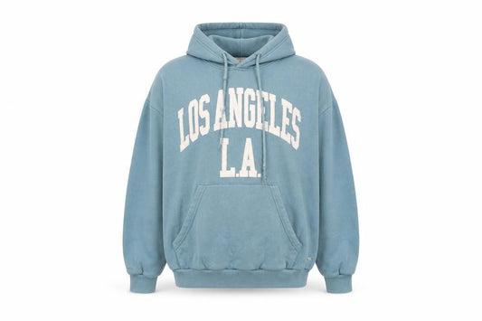 Front view of Pull&Bear men’s blue polyester pullover hoodie, size M, - logo