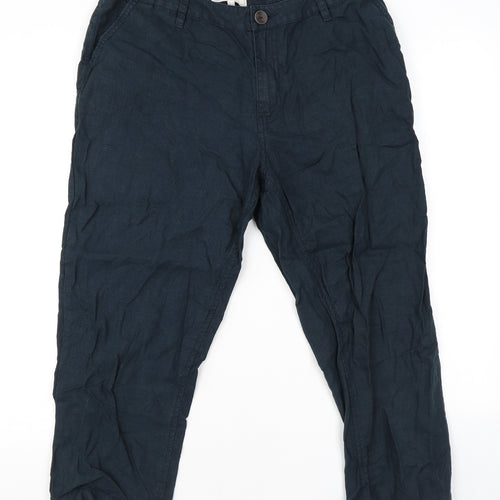 Fat Face Womens Blue Linen Cropped Trousers Size 14 L22 in Regular Zip