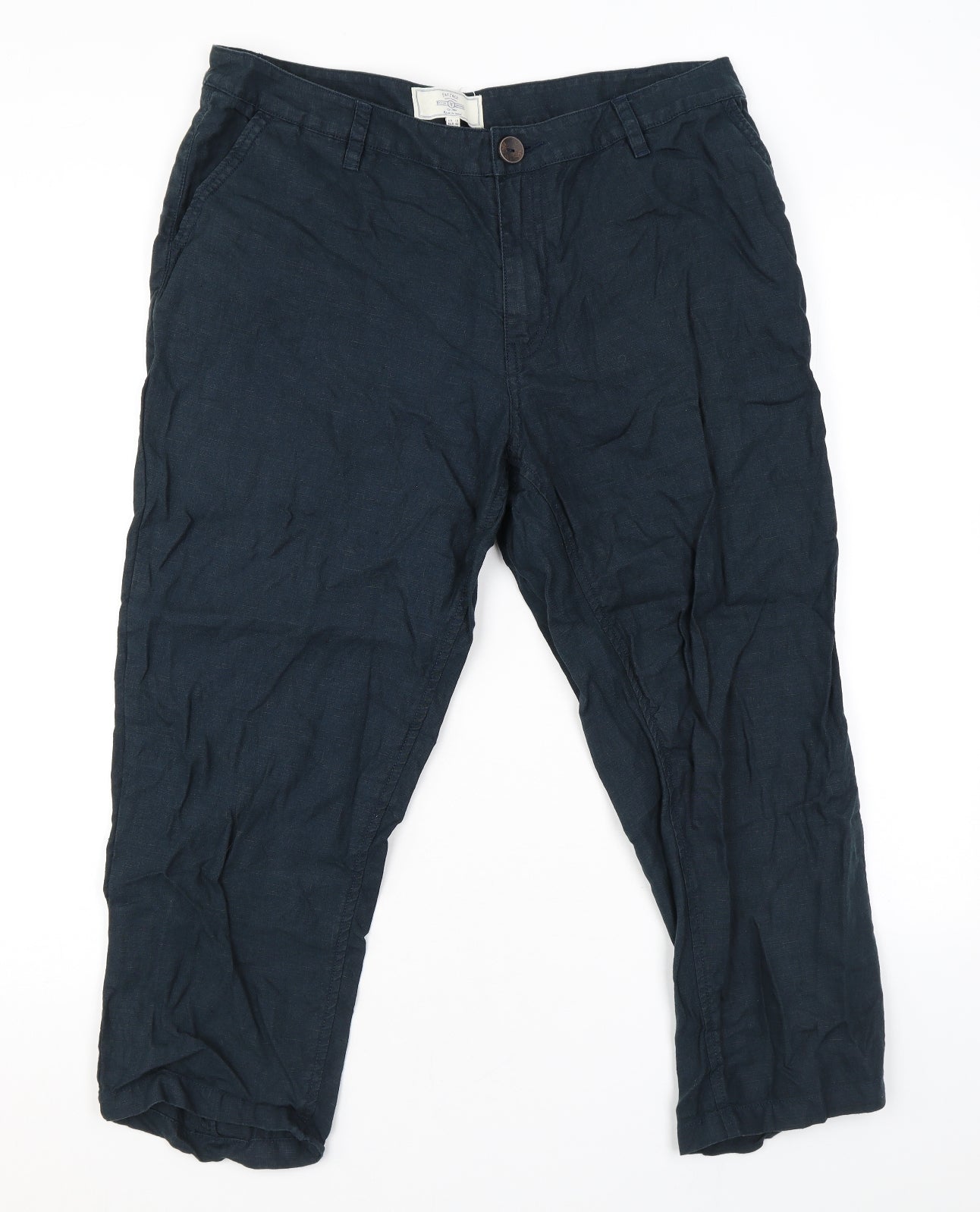 Fat Face Womens Blue Linen Cropped Trousers Size 14 L22 in Regular Zip
