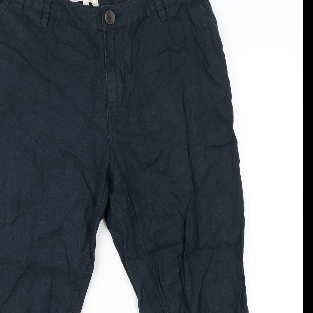 Fat Face Womens Blue Linen Cropped Trousers Size 14 L22 in Regular Zip