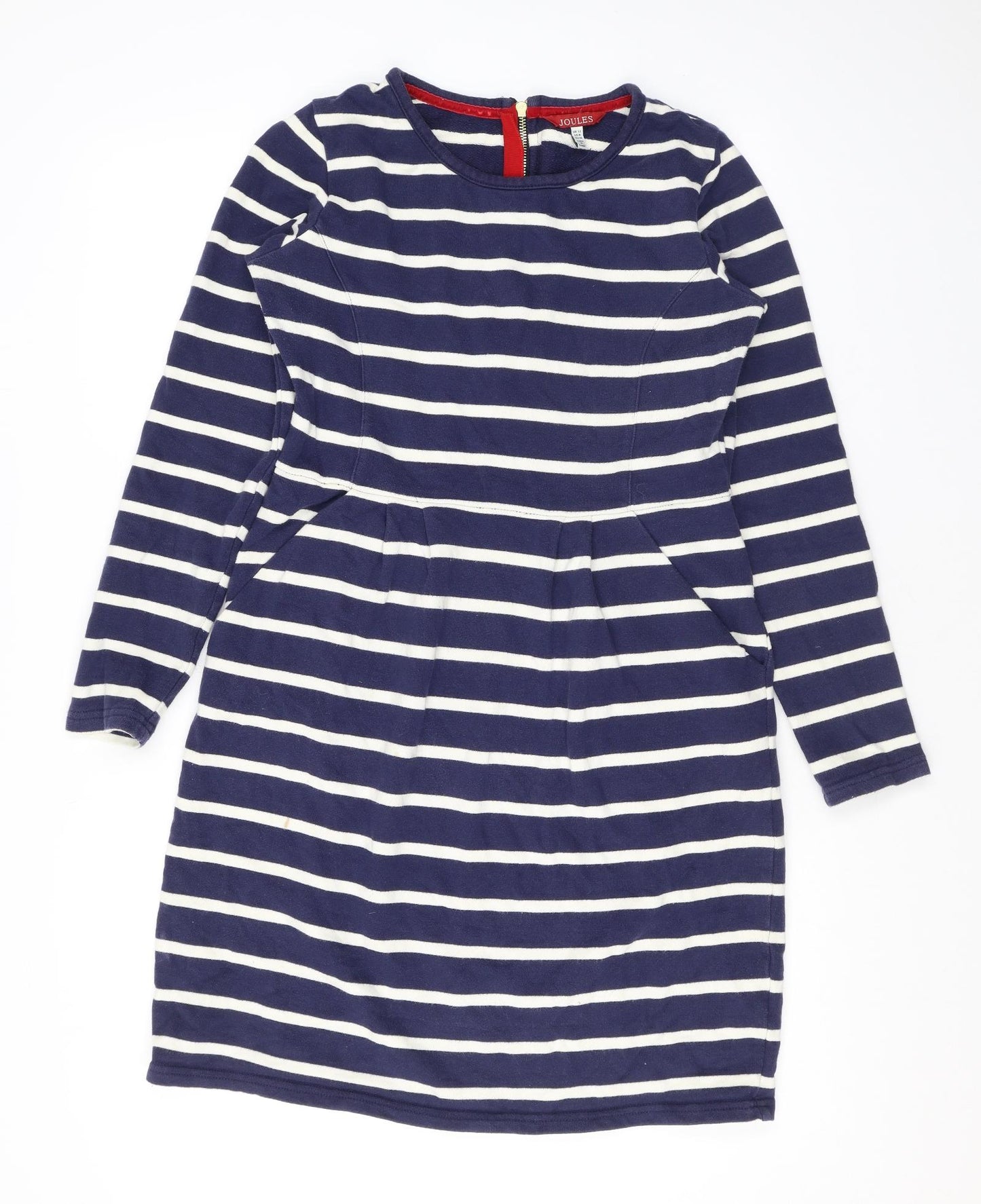 Joules Womens Blue Striped Cotton A-Line Size 12 Scoop Neck Zip