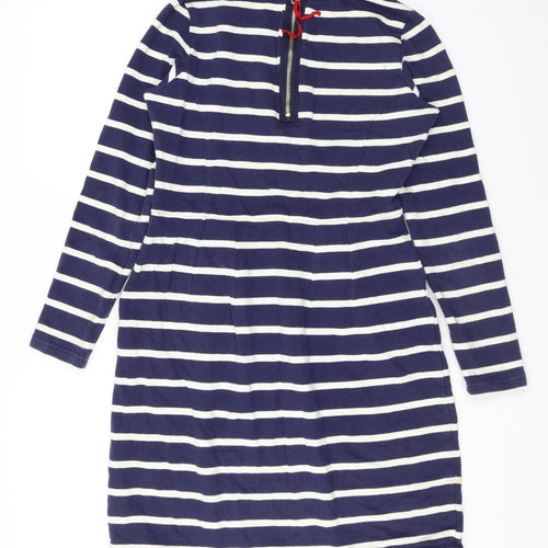 Joules Womens Blue Striped Cotton A-Line Size 12 Scoop Neck Zip