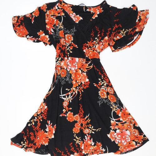 Dorothy Perkins Womens Black Floral Viscose A-Line Size 18 V-Neck Tie