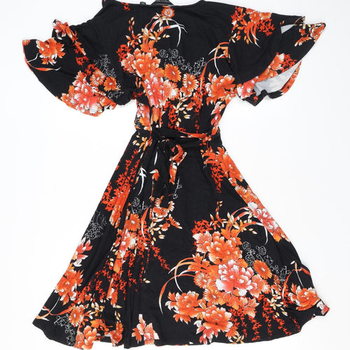 Dorothy Perkins Womens Black Floral Viscose A-Line Size 18 V-Neck Tie