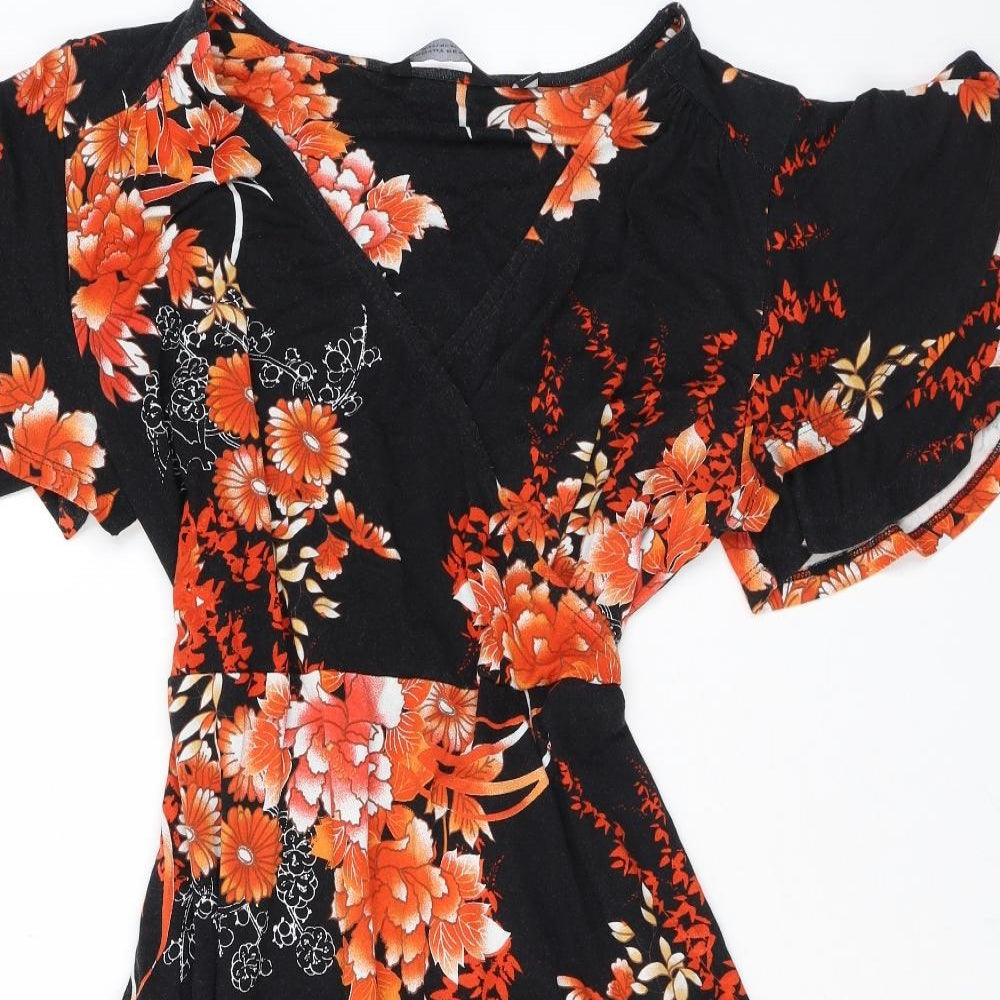 Dorothy Perkins Womens Black Floral Viscose A-Line Size 18 V-Neck Tie