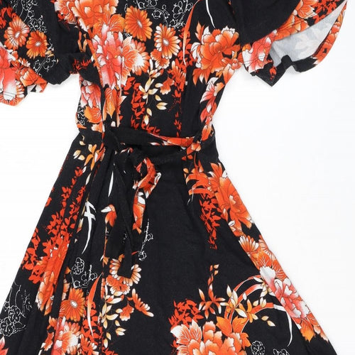 Dorothy Perkins Womens Black Floral Viscose A-Line Size 18 V-Neck Tie