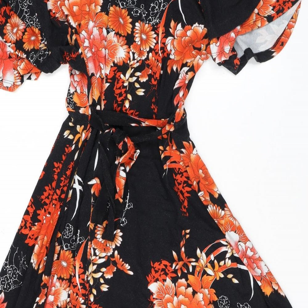 Dorothy Perkins Womens Black Floral Viscose A-Line Size 18 V-Neck Tie