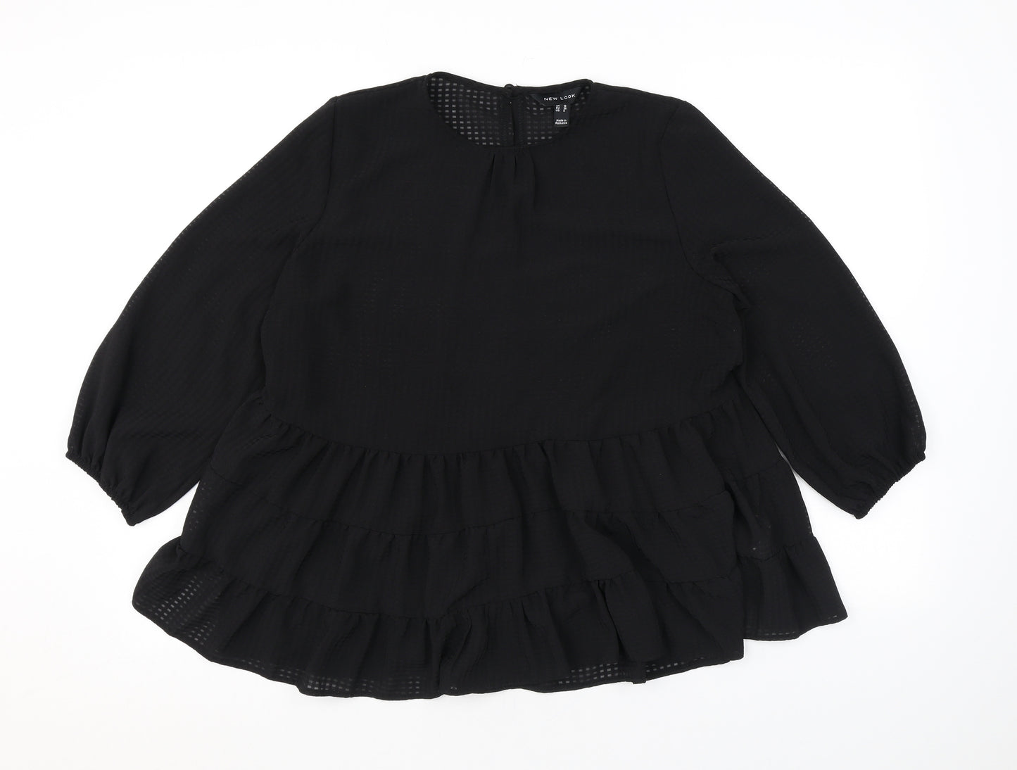 New Look Womens Black Check Polyester Basic Blouse Size 10 Round Neck