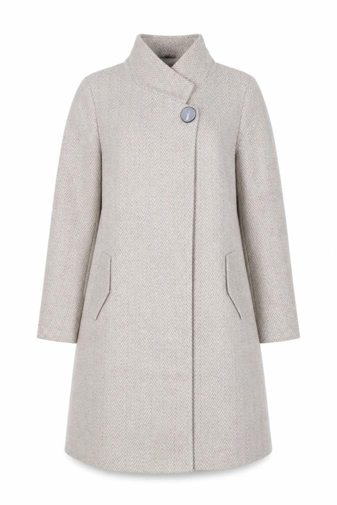 Front view of Kaleidoscope women’s beige herringbone overcoat coat, size UK 20, snap