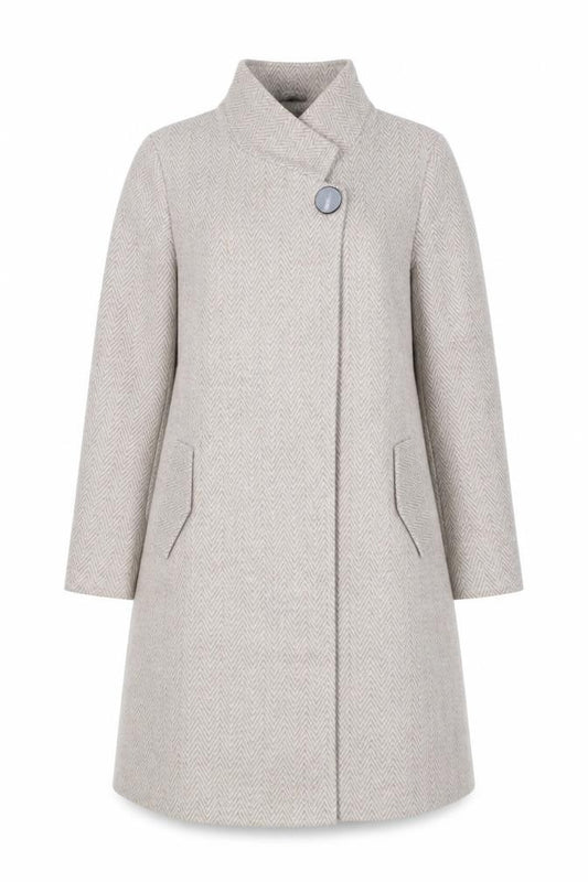 Front view of Kaleidoscope women’s beige herringbone overcoat coat, size UK 20, snap
