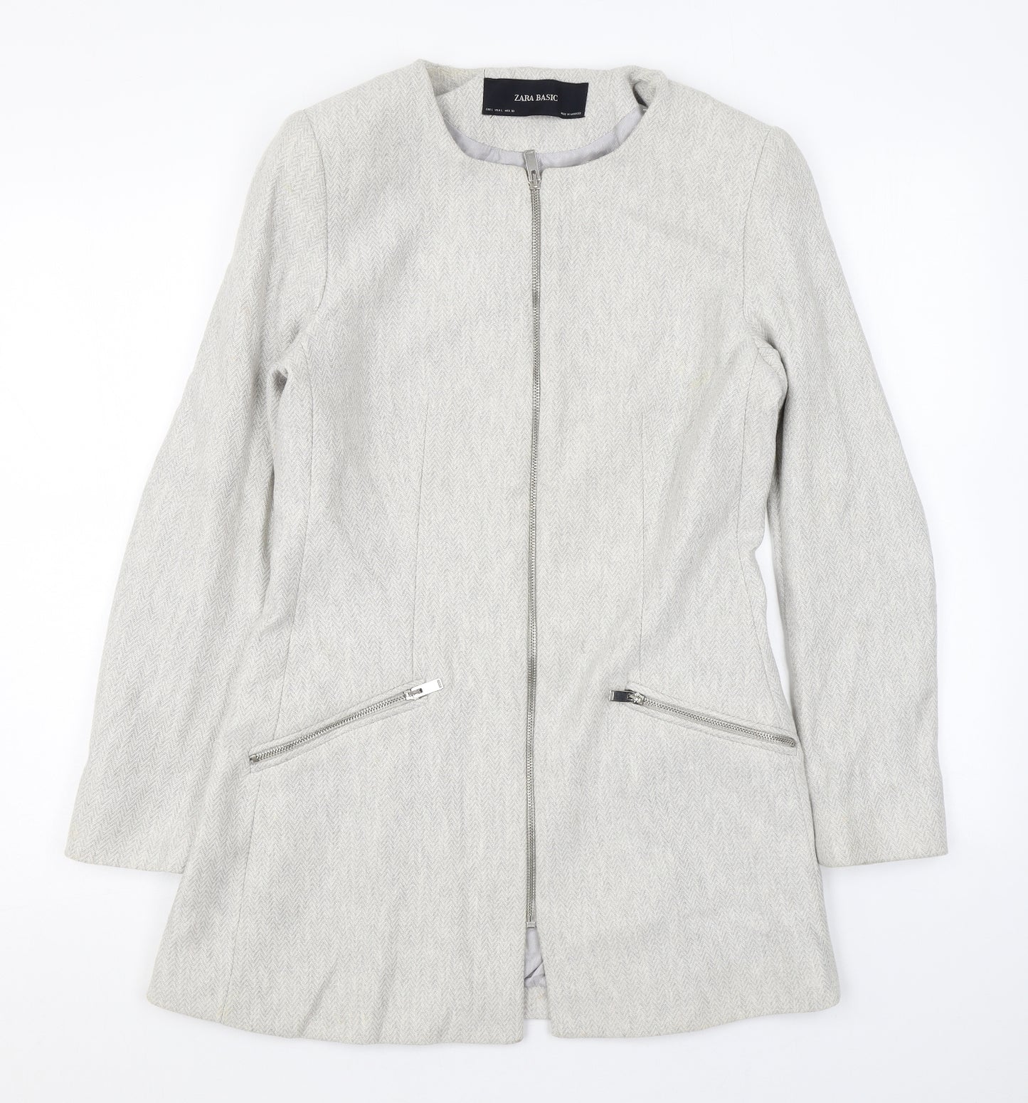 Zara Womens Grey Herringbone Overcoat Coat Size L Zip
