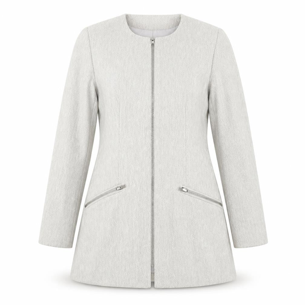 Front view of Zara women’s grey herringbone overcoat coat, size L, zip