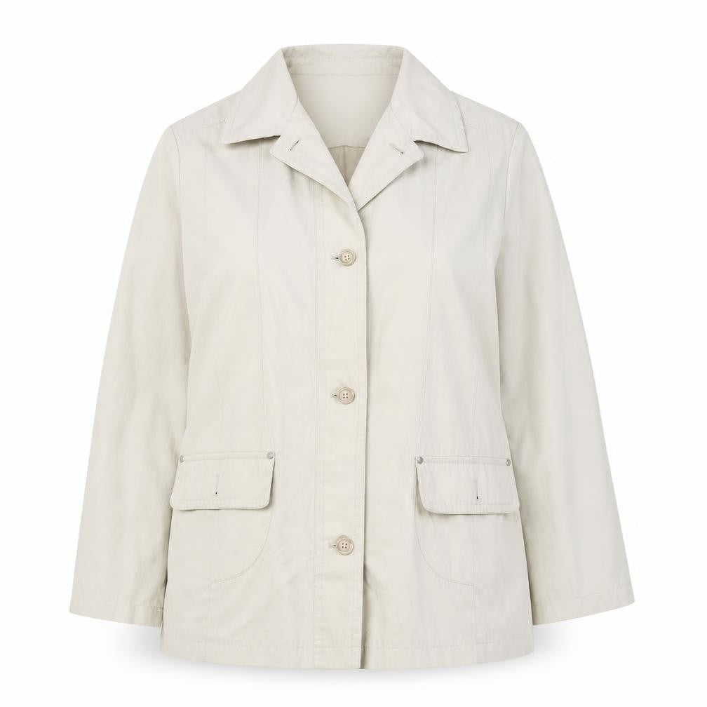 Front view of EWM women’s beige jacket, size UK 20, button