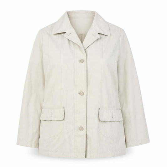 Front view of EWM women’s beige jacket, size UK 20, button