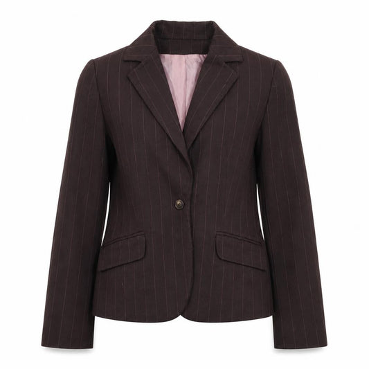 Front view of NL Collection women’s brown striped jacket blazer, size UK 12, button