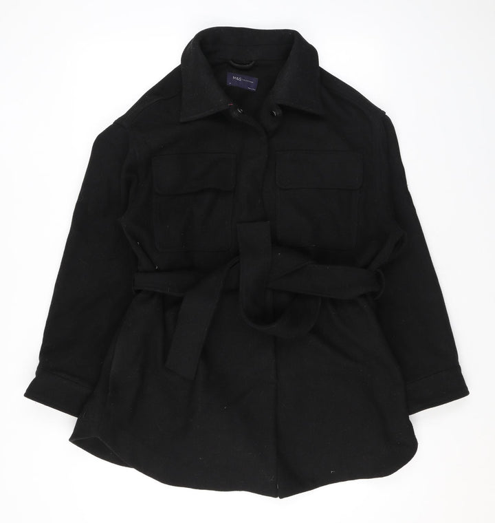 Marks and Spencer Womens Black Overcoat Coat Size 14 Snap - Belted