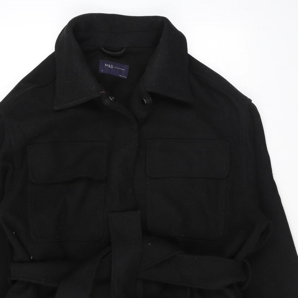 Marks and Spencer Womens Black Overcoat Coat Size 14 Snap - Belted