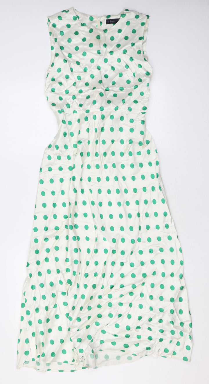 Marks and Spencer Womens Ivory Polka Dot Viscose A-Line Size 8 Round Neck Zip