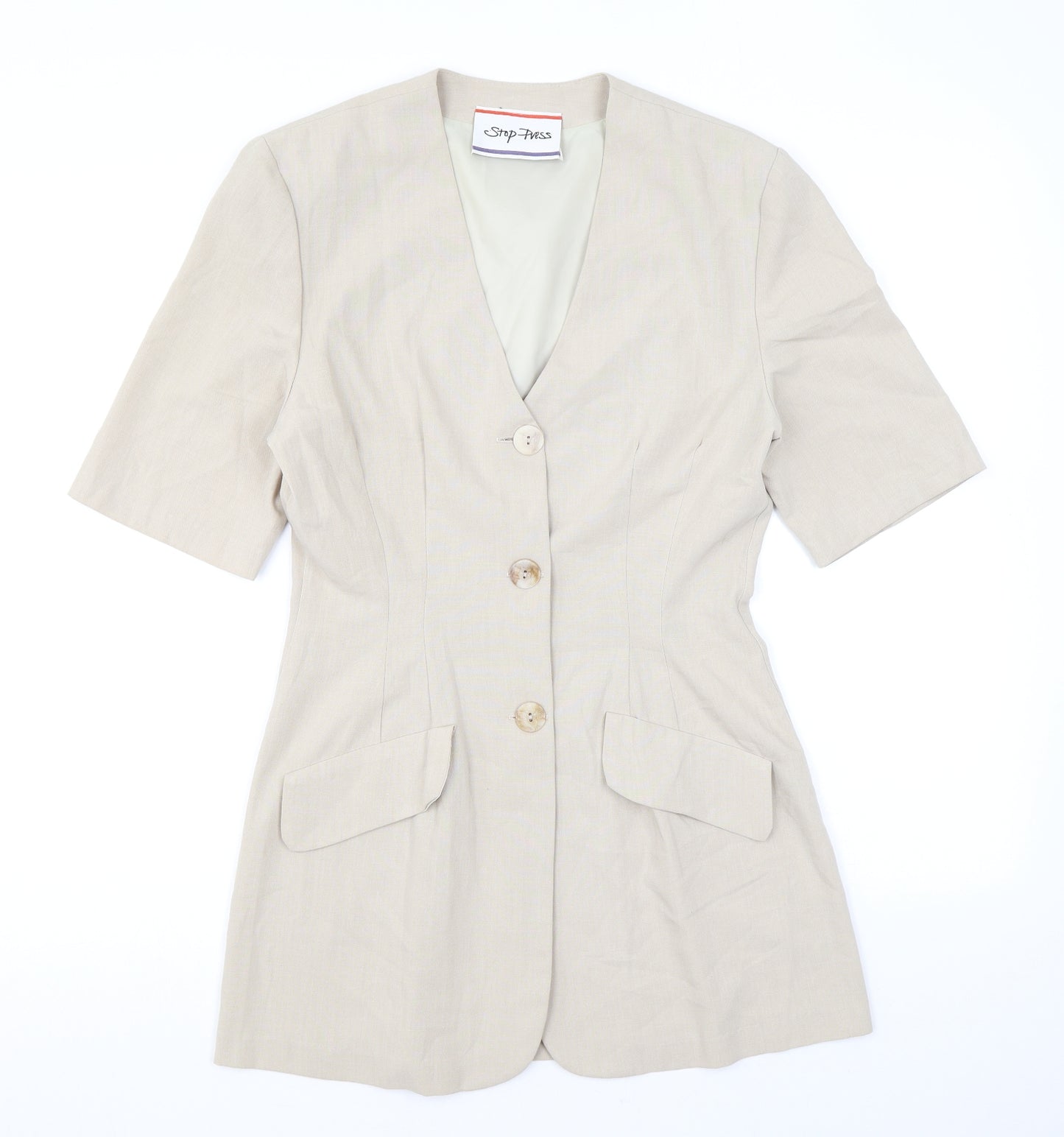 Stop Press Womens Beige Polyester Basic Button-Up Size 10 V-Neck
