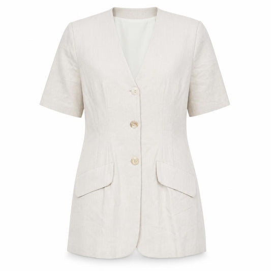 Front view of Stop Press women’s beige polyester basic button-up, size UK 10, v-neck