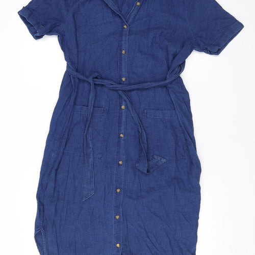 Whistles Womens Blue Cotton Shirt Dress Size 12 Collared Button - Belted