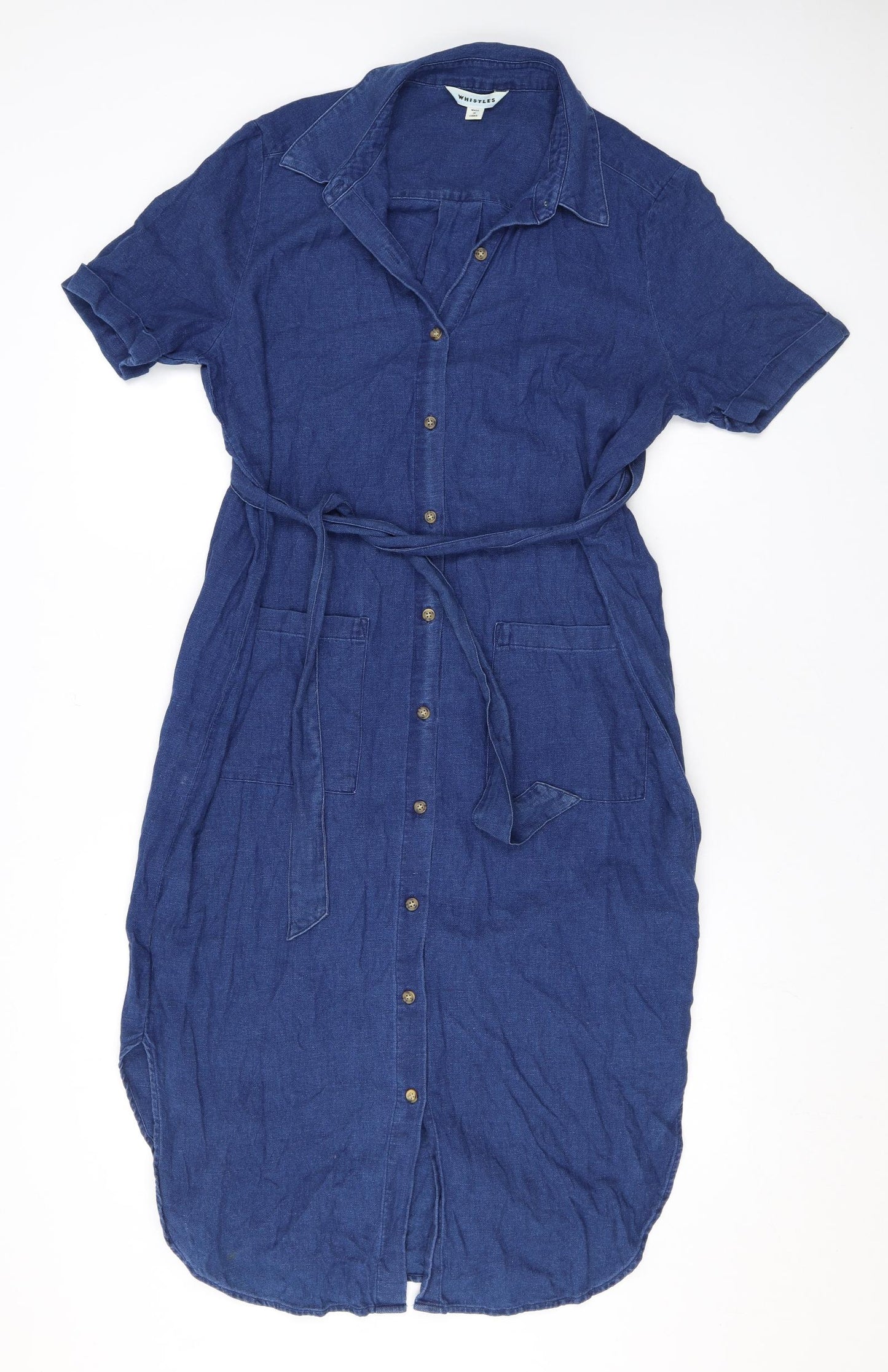 Whistles Womens Blue Cotton Shirt Dress Size 12 Collared Button - Belted