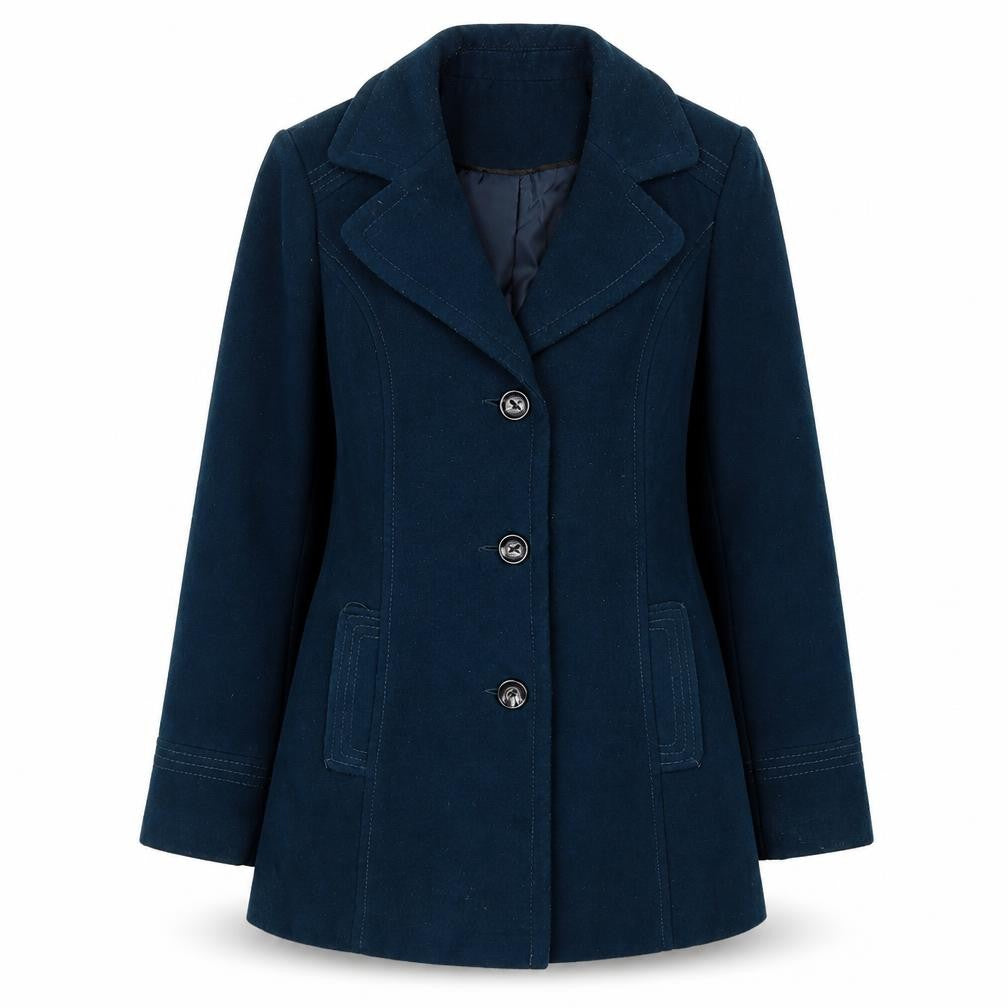 Front view of BHS women’s blue pea coat coat, size UK 12, button