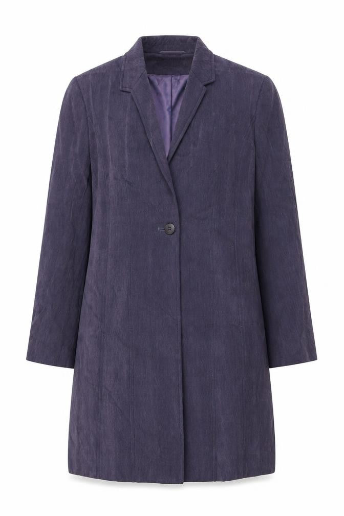 Front view of Platinum women’s purple overcoat coat, size UK 14, button