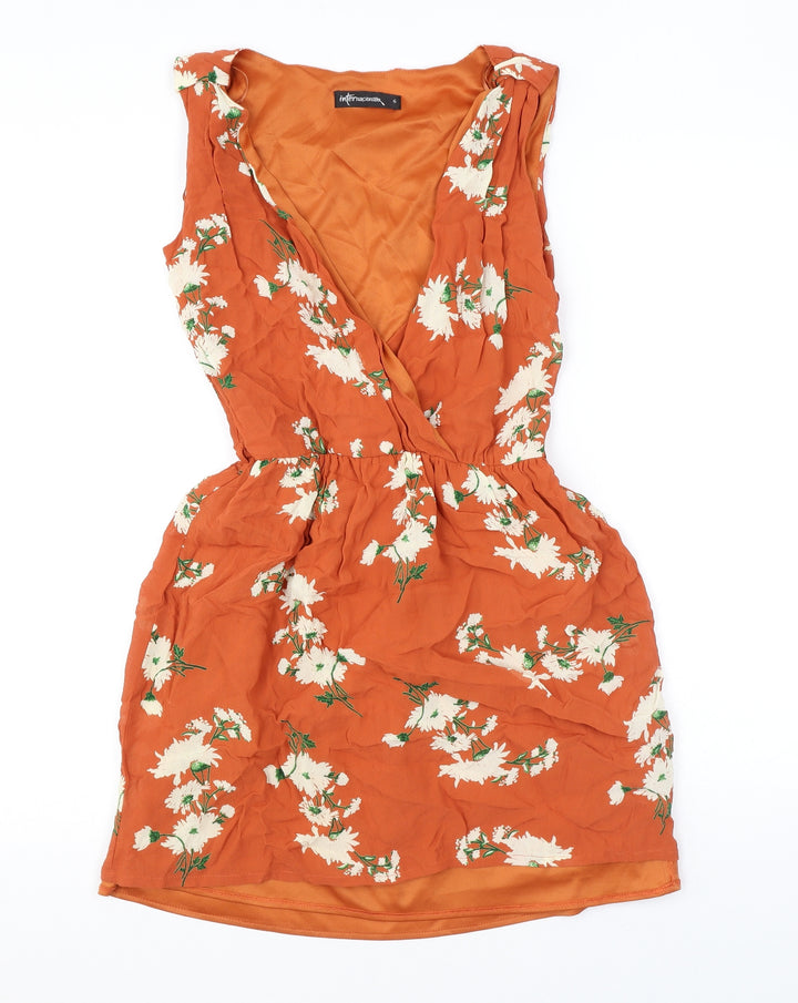 Internacionale Womens Orange Floral Viscose Basic Tank Size 6 V-Neck