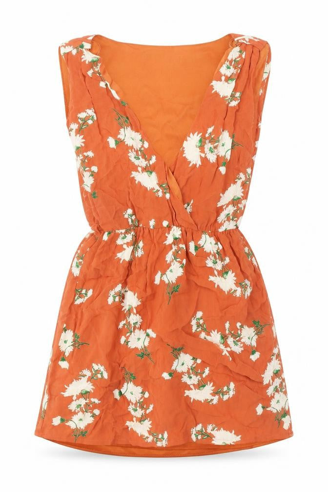 Front view of Internacionale women’s orange floral viscose basic tank, size UK 6, v-neck