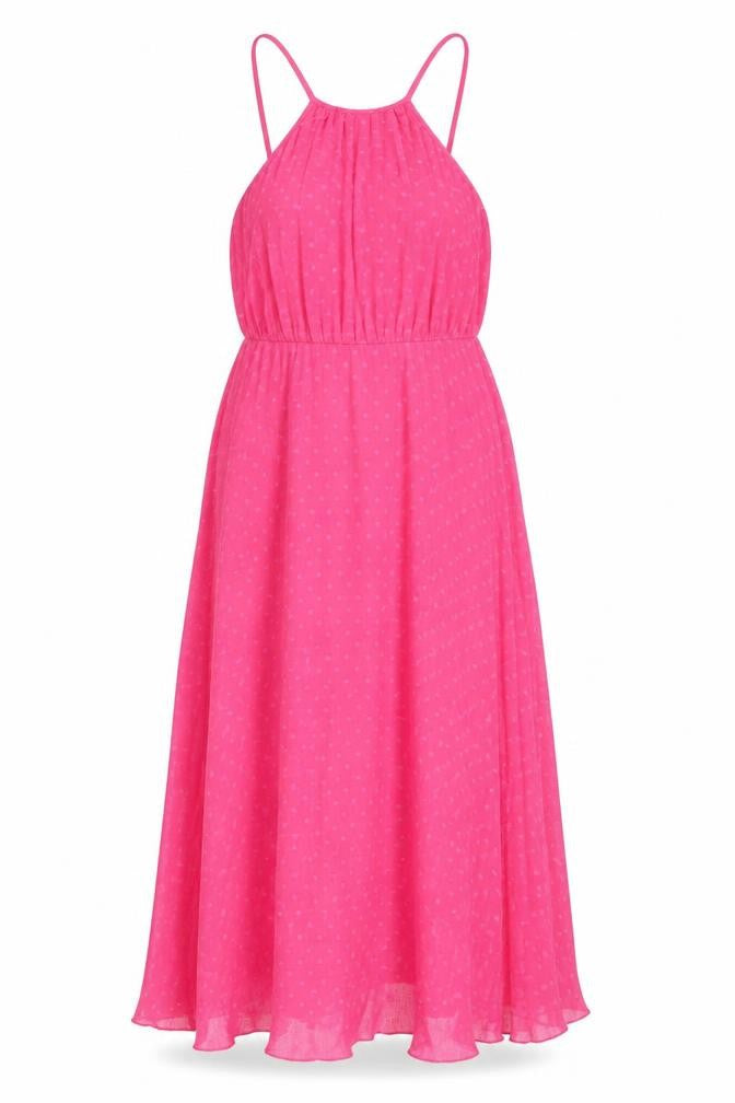 Front view of ASOS women’s pink polka dot polyester a-line, size UK 10, halter zip - open back