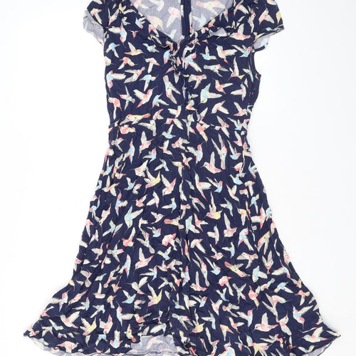 Oasis Womens Blue Geometric Viscose Mini Size 10 V-Neck Zip - Birds