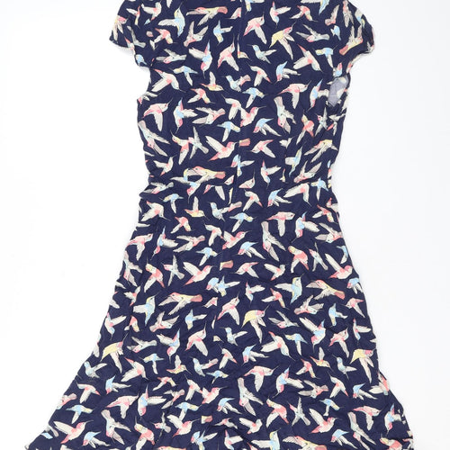 Oasis Womens Blue Geometric Viscose Mini Size 10 V-Neck Zip - Birds