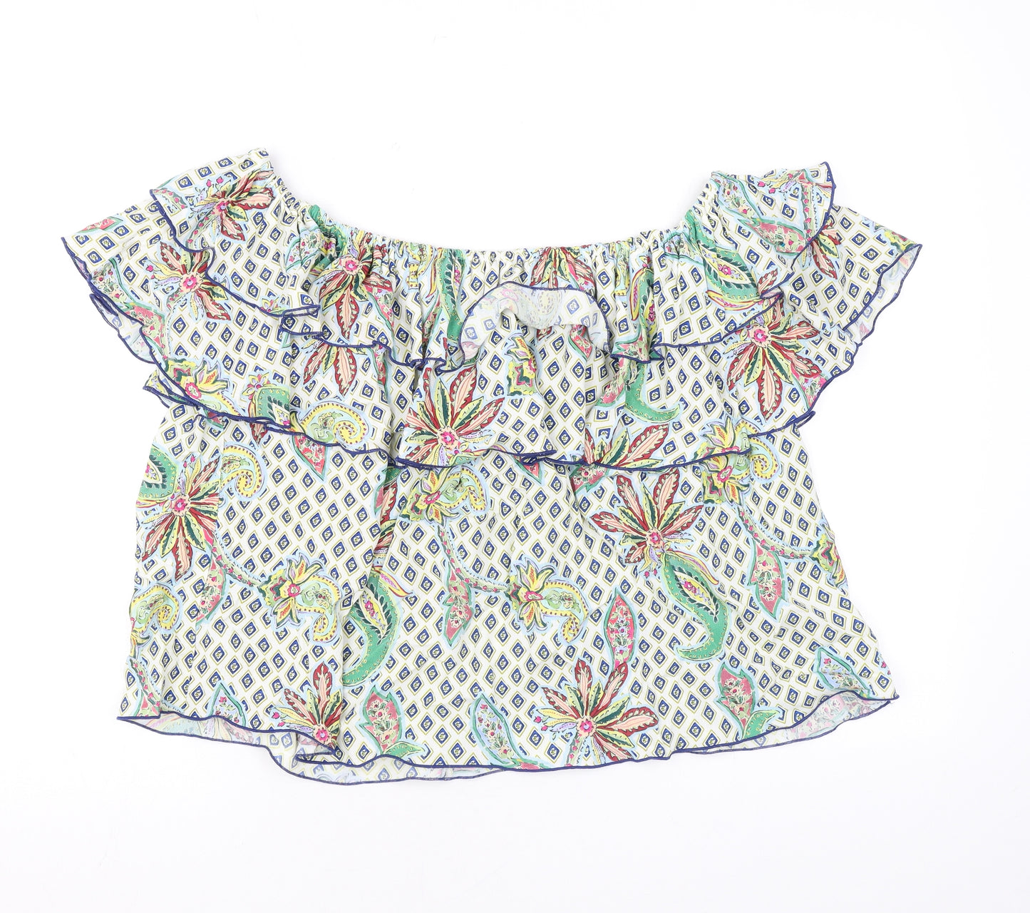 Zara Womens Multicoloured Geometric Polyester Basic Blouse Size L Off the Shoulder - Ruffle