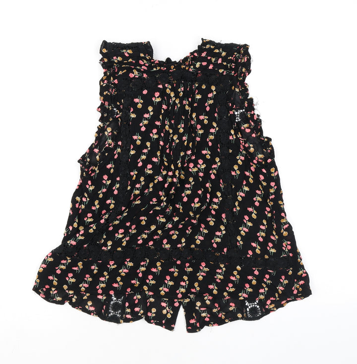 Topshop Womens Black Floral Viscose Basic Tank Size 8 Mock Neck