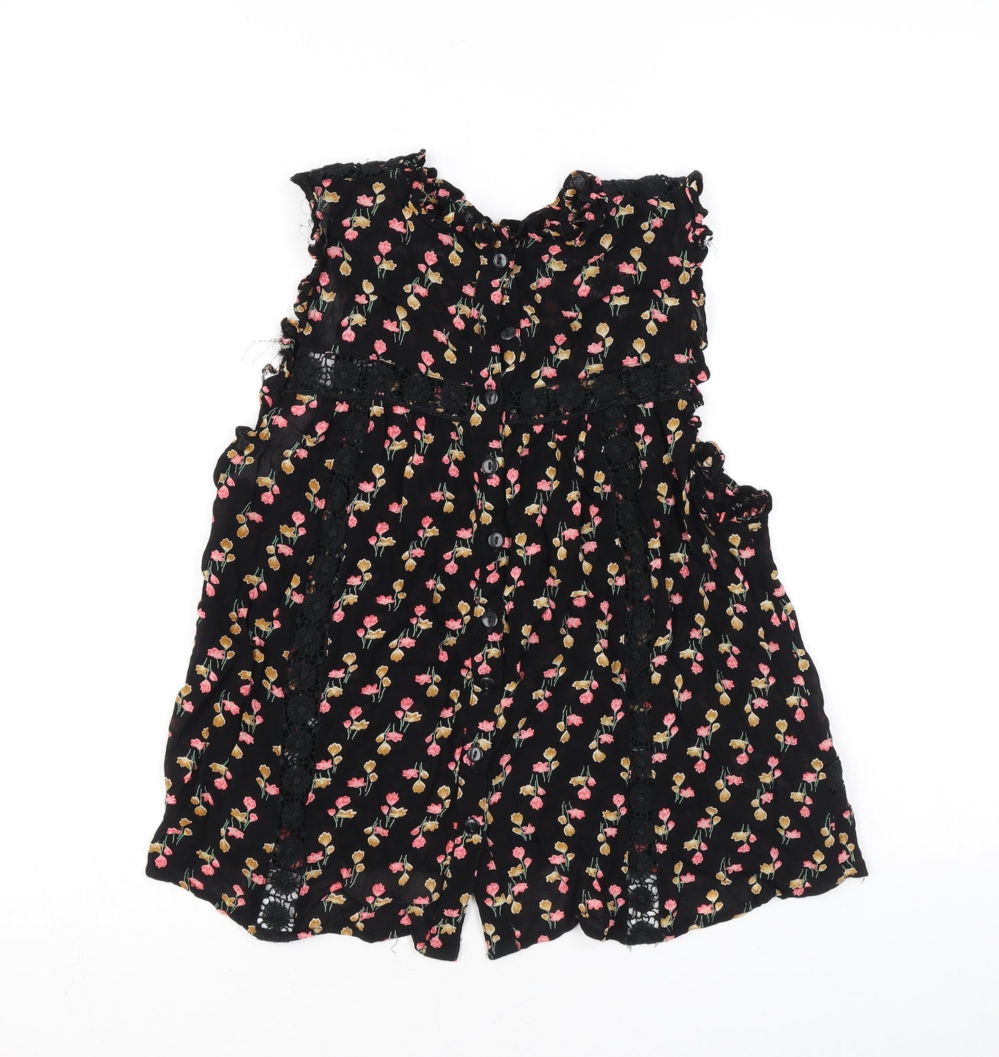 Topshop Womens Black Floral Viscose Basic Tank Size 8 Mock Neck