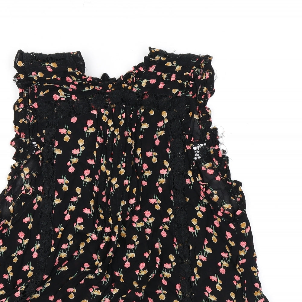 Topshop Womens Black Floral Viscose Basic Tank Size 8 Mock Neck