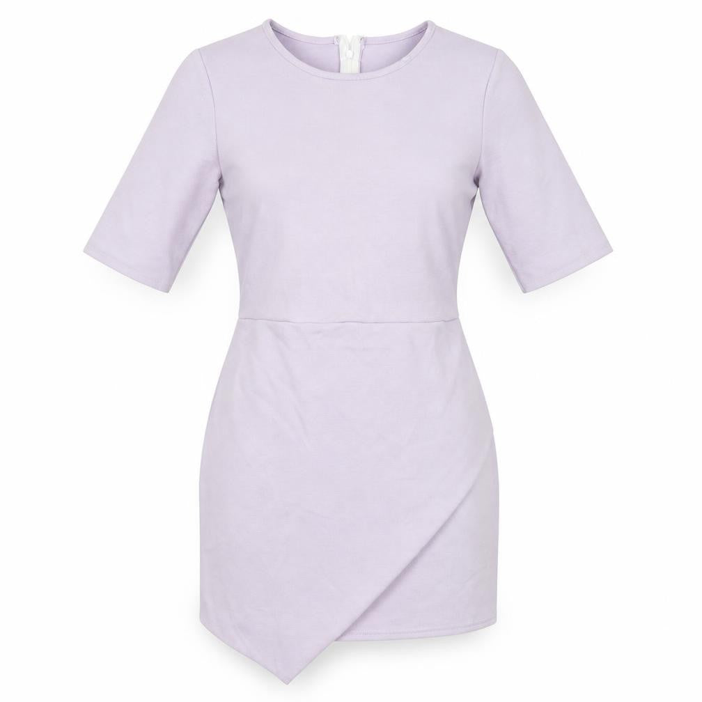 Front view of Missguided women’s purple polyester bodycon, size UK 12, round neck zip