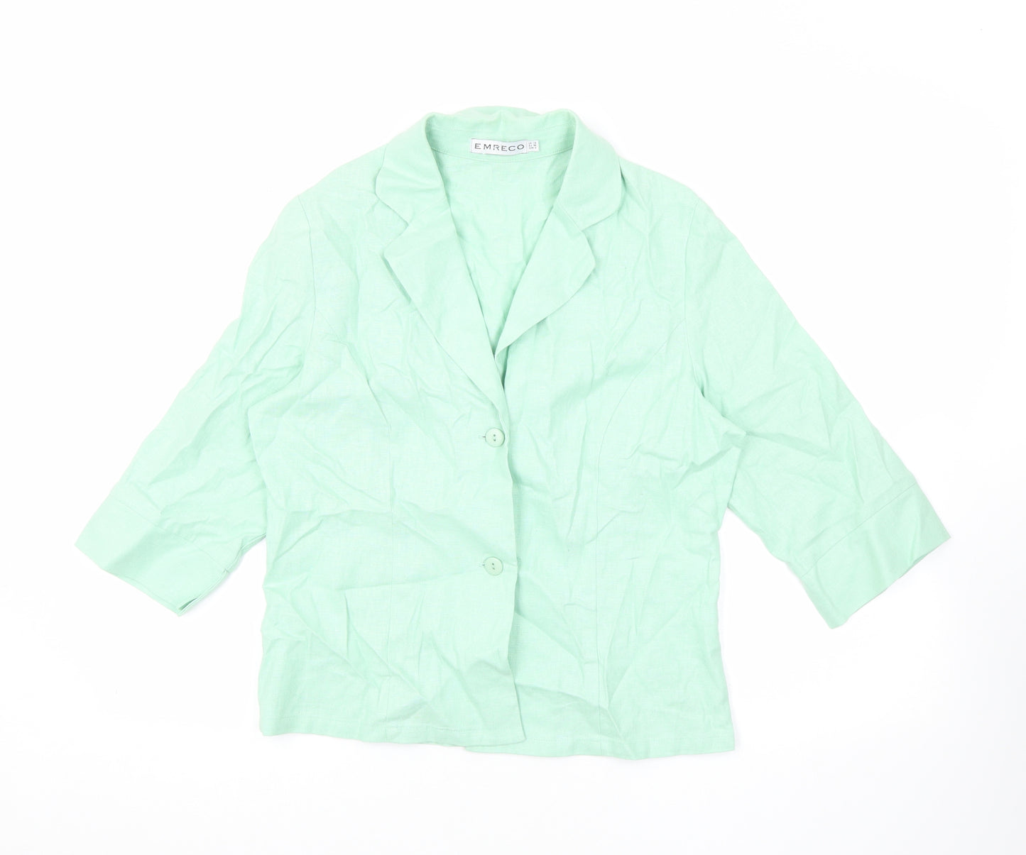 Emreco Womens Green Linen Basic Button-Up Size 10 V-Neck