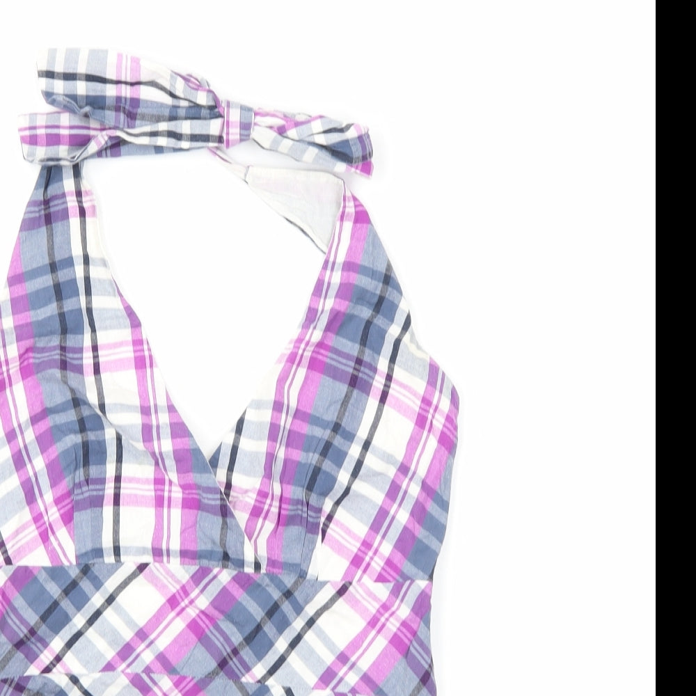 Monsoon Womens Purple Plaid Cotton Basic Tank Size 8 Halter - Open Back