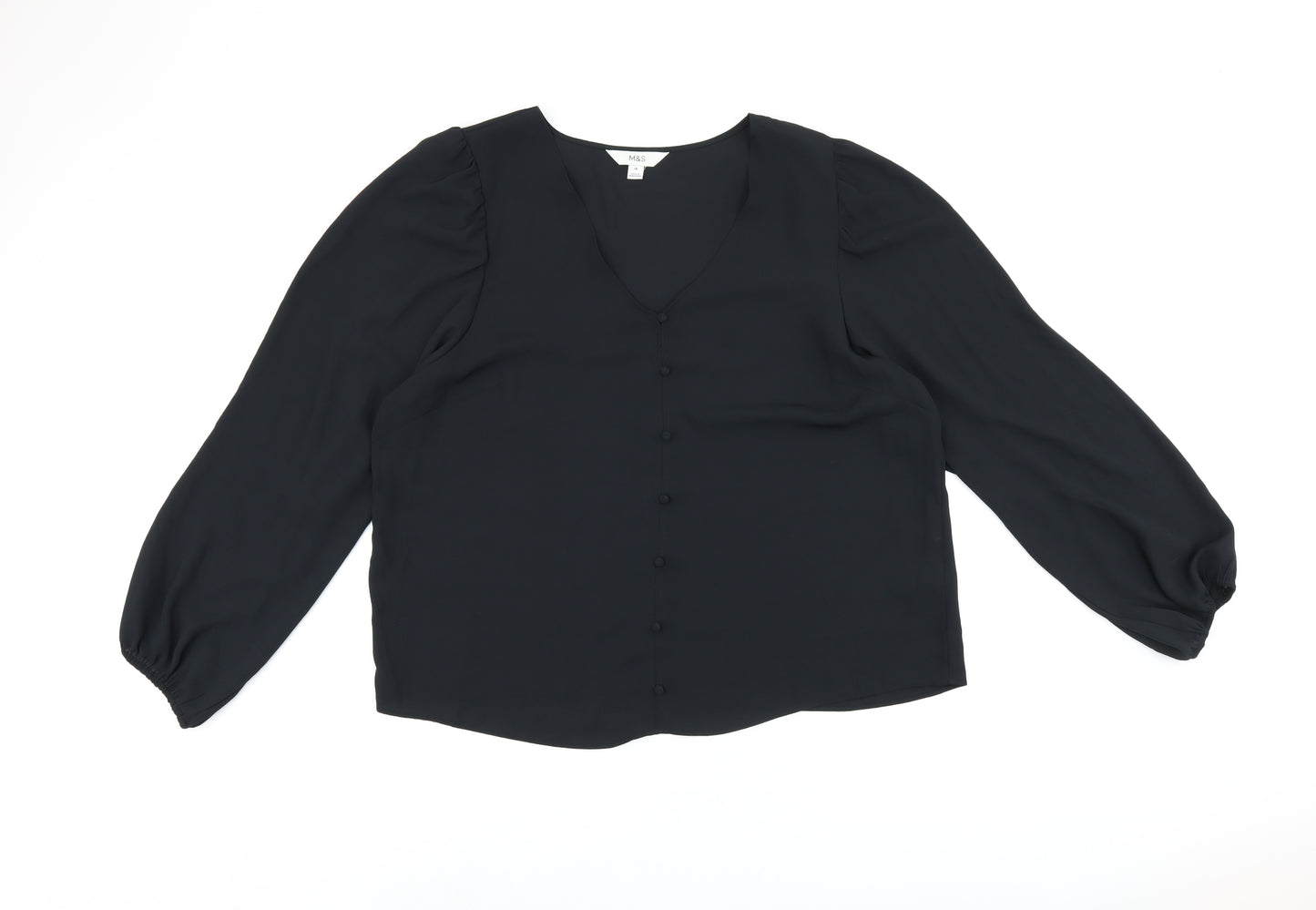 Marks and Spencer Womens Black Polyester Basic Blouse Size 18 V-Neck - Button Detail