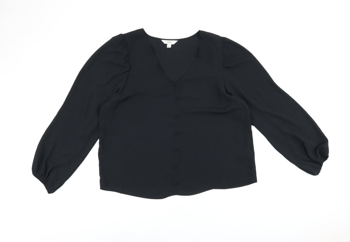 Marks and Spencer Womens Black Polyester Basic Blouse Size 18 V-Neck - Button Detail