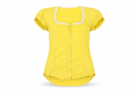Front view of Tiger of Sweden women’s yellow geometric cotton basic button-up, size UK 10, scoop neck