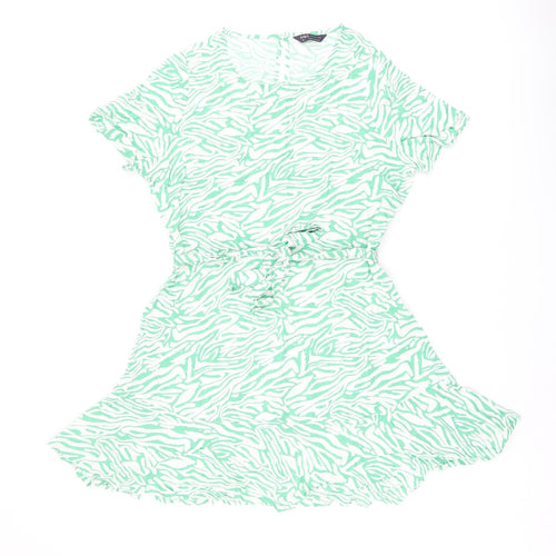 Marks and Spencer Womens Green Animal Print Viscose Skater Dress Size 12 Round Neck Button - Zebra Print, Belted